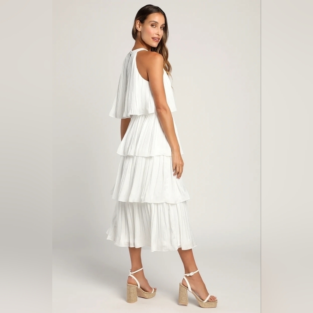 Lulus Tier and Far White Tiered Pleated Halter Midi Dress S Wedding Party Bridal - Picture 5 of 12